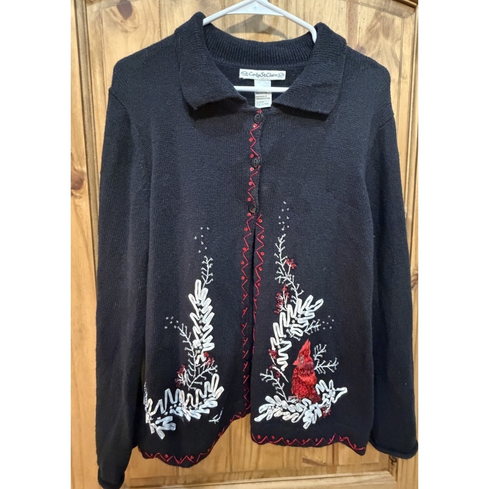 Carly St Claire XL Christmas Cardinal Beaded‎ Sweater Cardigan Cottagecore